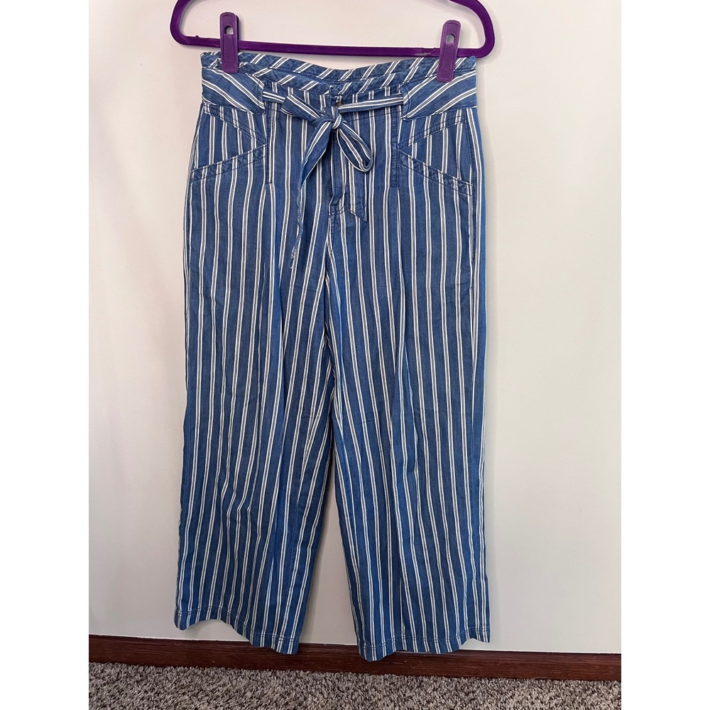 American Eagle Blue White Striped Wide Leg Paperbag Waist Pants Size 4 Cotton